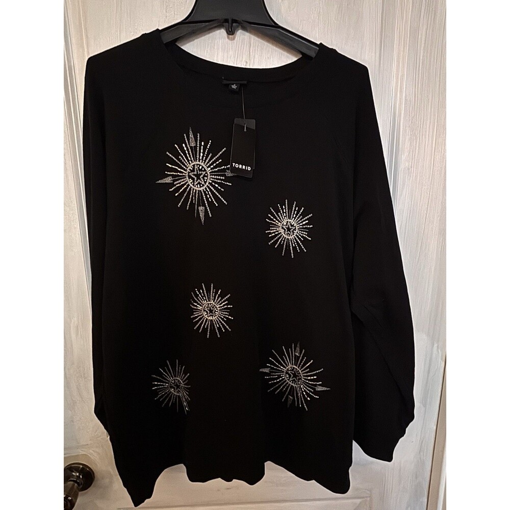 Torrid Black Beaded Celestial Fleece Crewneck Plus Size 2X 18/20 NWT Starburst